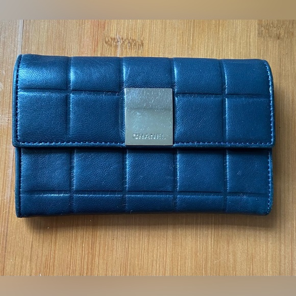 CHANEL Handbags - Chanel chocolate bar quilted wallet leather dark blue Authentic
